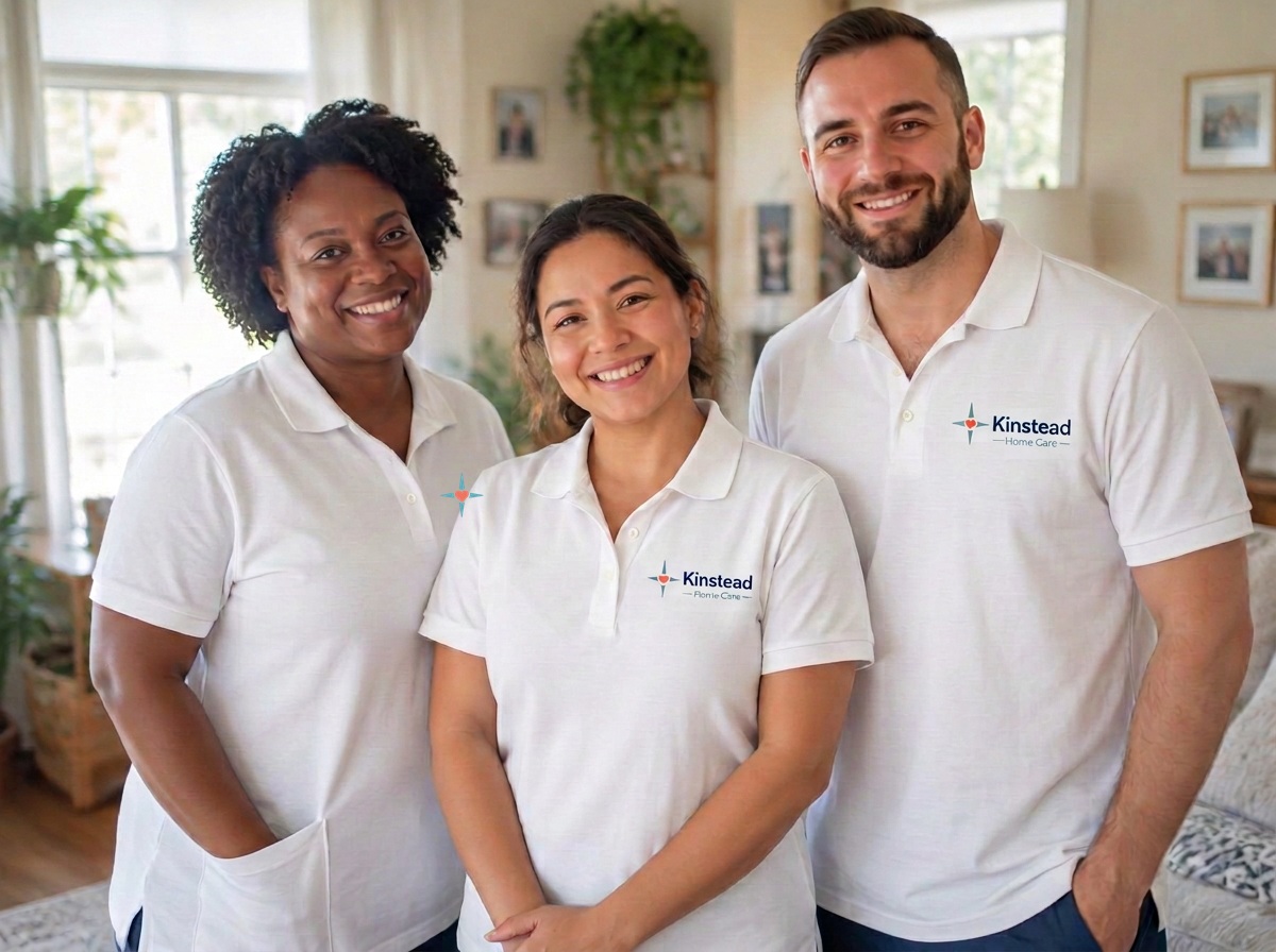 Three Kinstead caregivers standing together in a bright living room