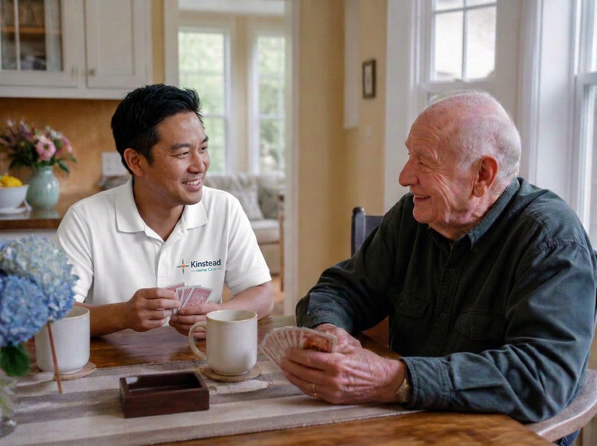 A Kinstead caregiver and an older man laughing over a card game and coffee at home