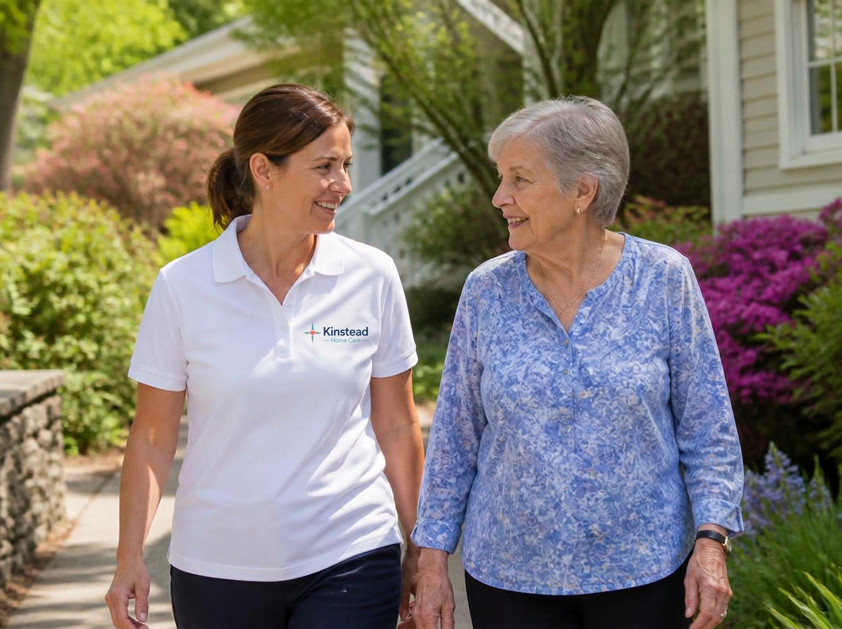 A caregiver and an older woman walking and talking outside her home