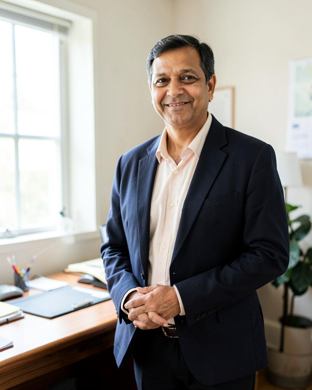 Atul, the founder of Kinstead Home Care, in his office