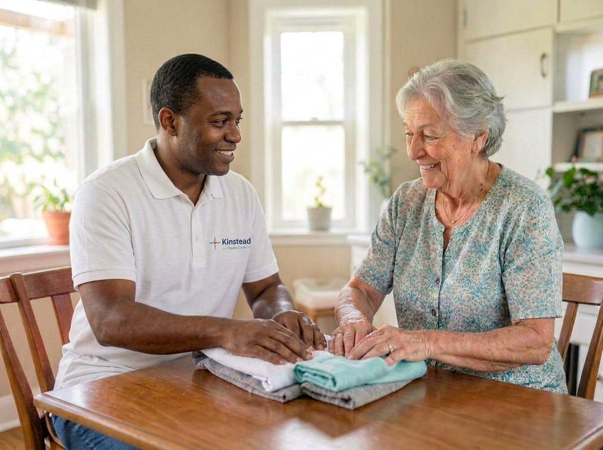 A caregiver preparing a meal in a home kitchen with an older man nearby