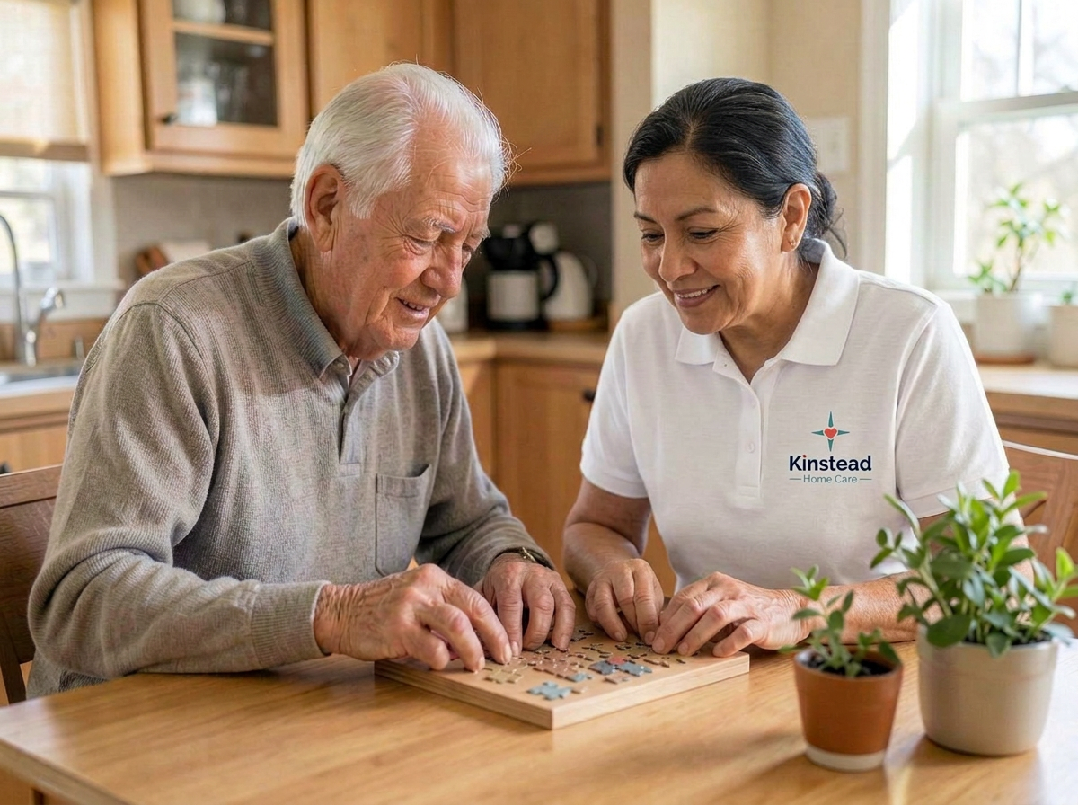 An older woman and a caregiver looking at family photographs together