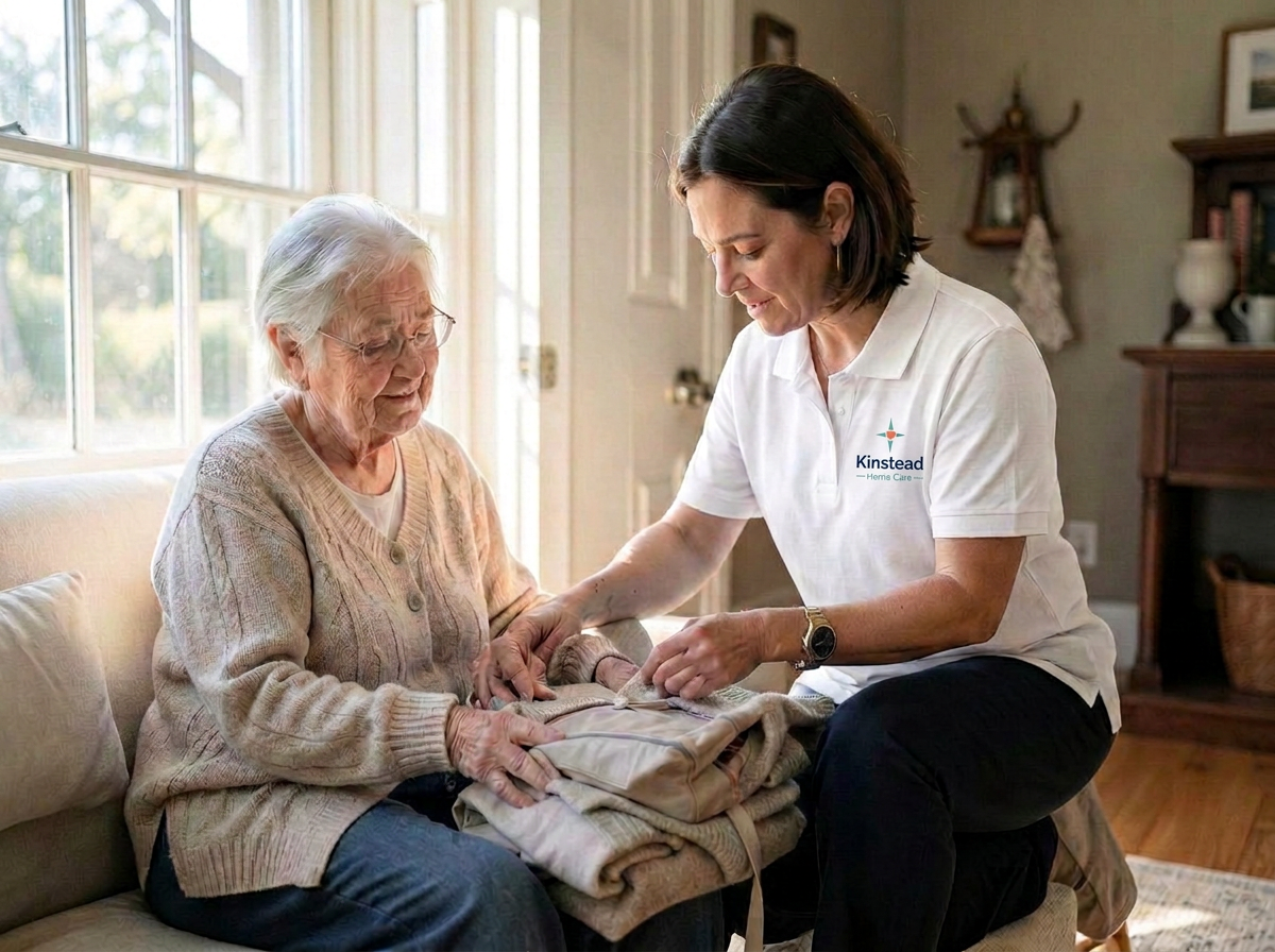 A caregiver steadying an older man walking with a walker at home