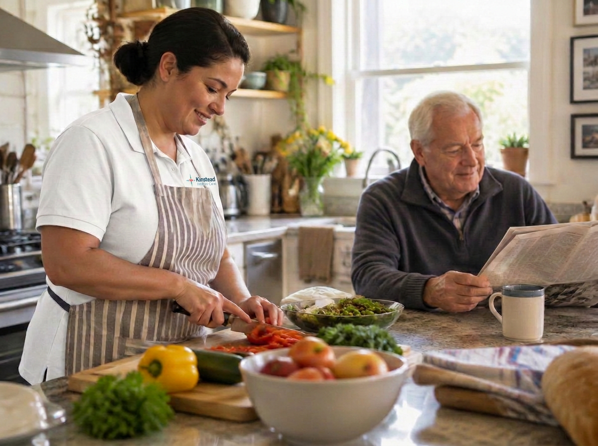 A caregiver making lunch in a home kitchen while an older man reads nearby
