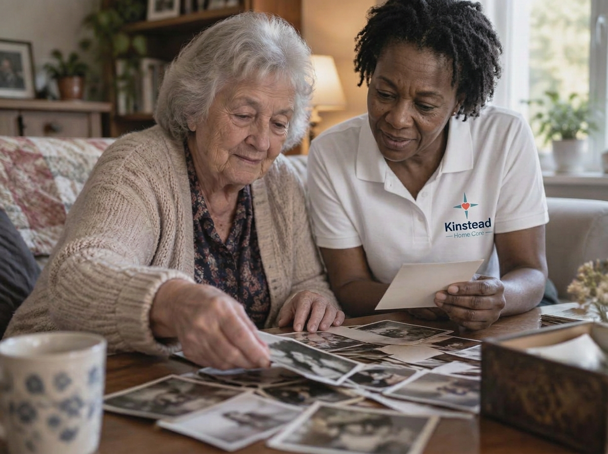 An older woman and a caregiver looking through old family photographs together