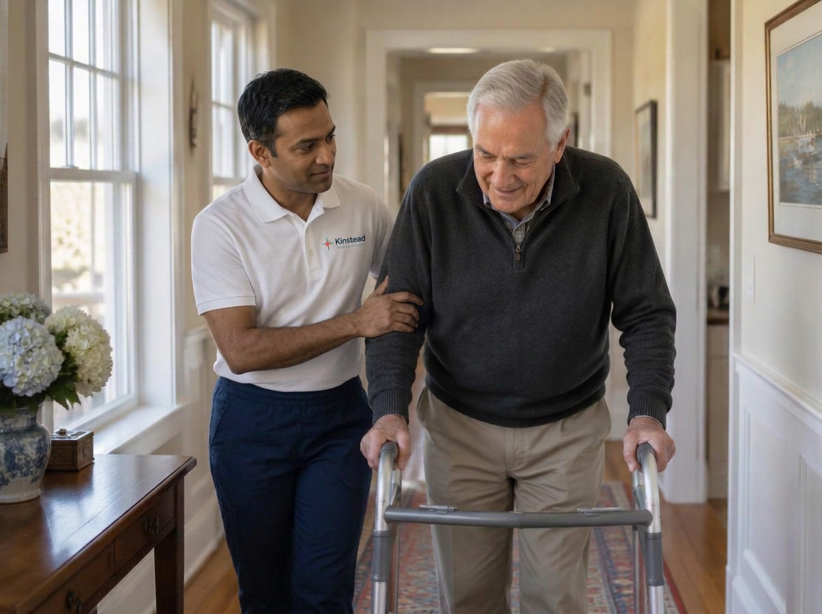 A caregiver steadying an older man as he walks with a walker in his hallway