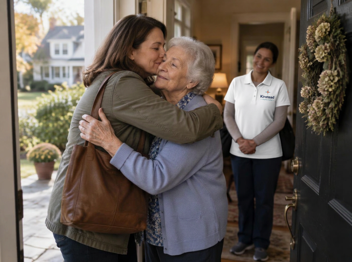 A daughter hugging her mother at the front door as a caregiver arrives