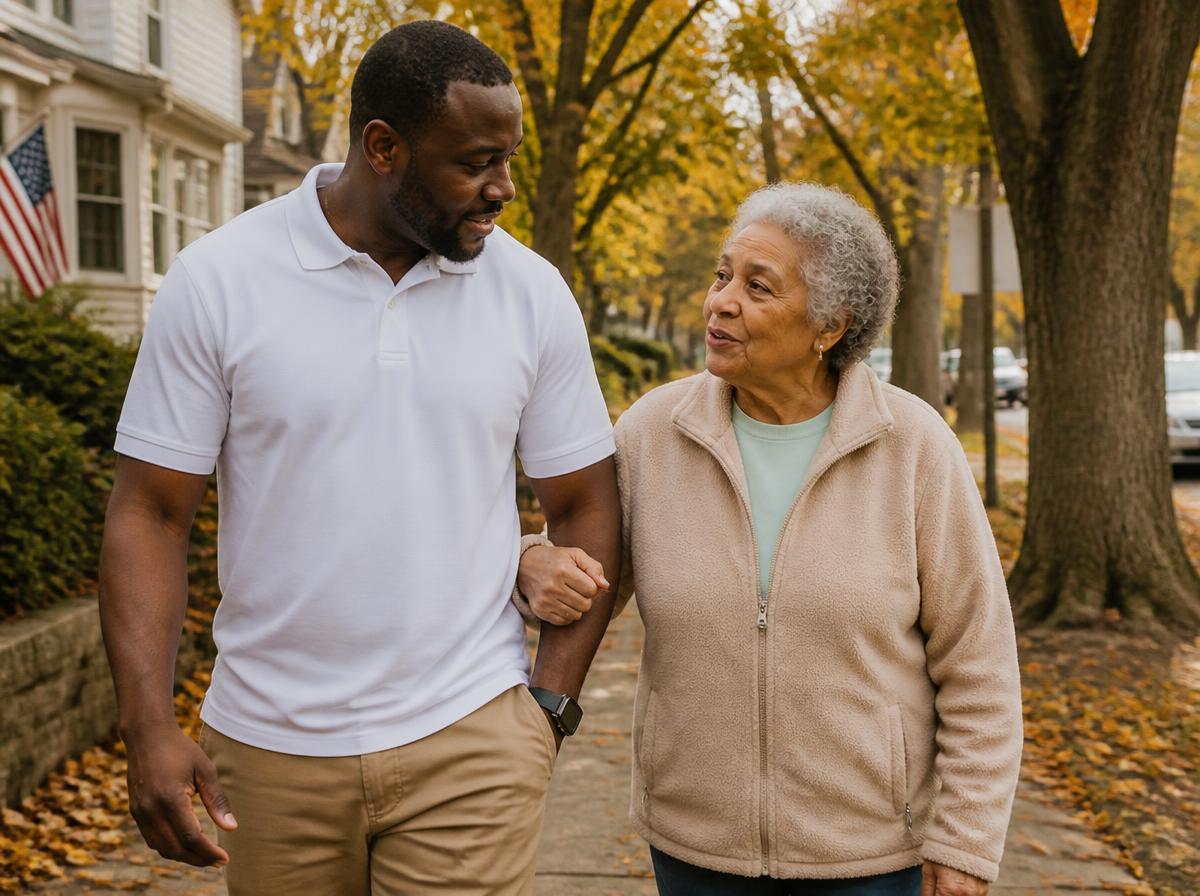 A caregiver walking with an older woman along a tree-lined sidewalk in autumn