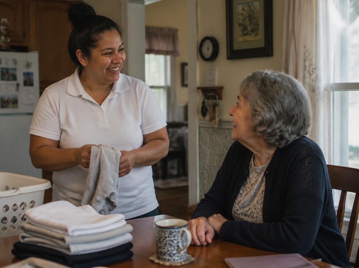 A caregiver folding laundry and talking with an older woman at her kitchen table