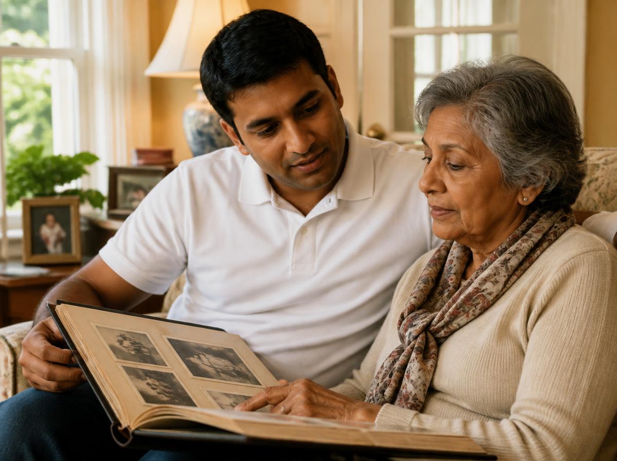 A caregiver looking through an old photo album beside an older woman on a sofa