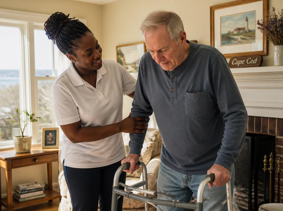 A caregiver in a white polo steadying an older man using a walker in a sunlit living room