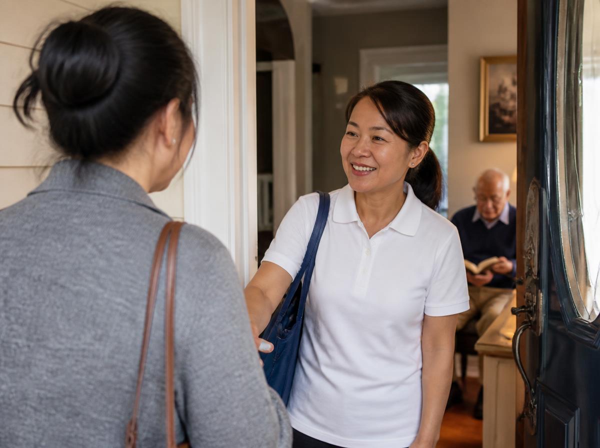 A caregiver greeting an adult daughter at the front door of a family home